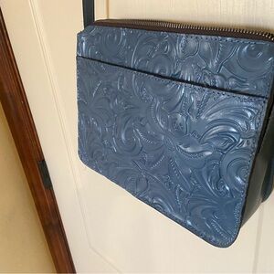 Navy Blue Messenger Bag with Embossed Texture and Flap Closure
